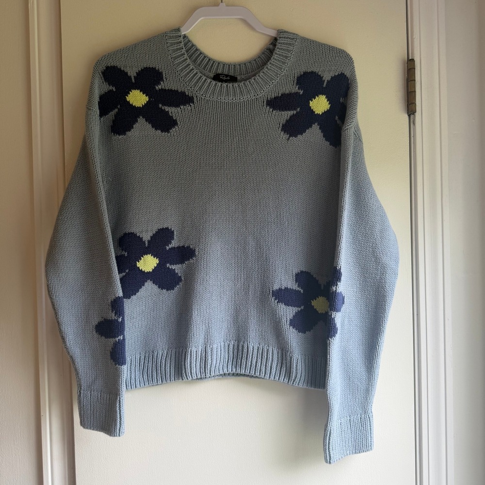 Rails Zoey Blue Daisies Floral Crew Neck Cotton Blend Knit Sweater Mens Medium